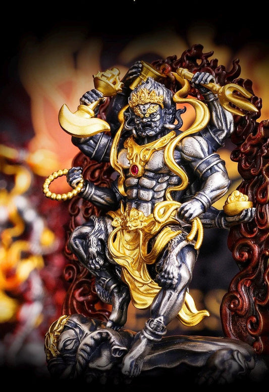 Six-Armed Mahakala Pendant, Original Design Gold Plated Buddhist Amulet, Tibetan Wrathful Deity Statue, Spiritual Gift, Dharma Jewelry Art