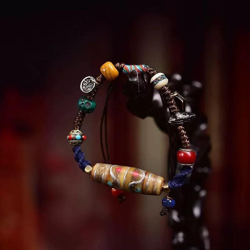 Tibetan Multi-Treasure Bracelet: Yak Bone Adai, Camel Bone Skull, Star Moon Bodhi, Agate, Dzibead Mala, Himalayan Buddhist Prayer Beads