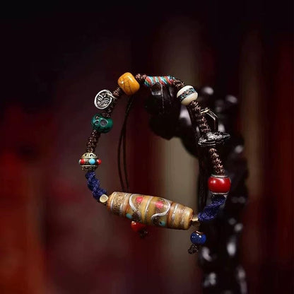 Tibetan Multi-Treasure Bracelet: Yak Bone Adai, Camel Bone Skull, Star Moon Bodhi, Agate, Dzibead Mala, Himalayan Buddhist Prayer Beads