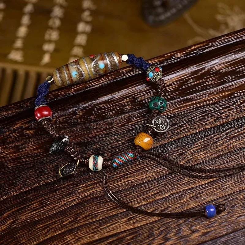 Tibetan Multi-Treasure Bracelet: Yak Bone Adai, Camel Bone Skull, Star Moon Bodhi, Agate, Dzibead Mala, Himalayan Buddhist Prayer Beads