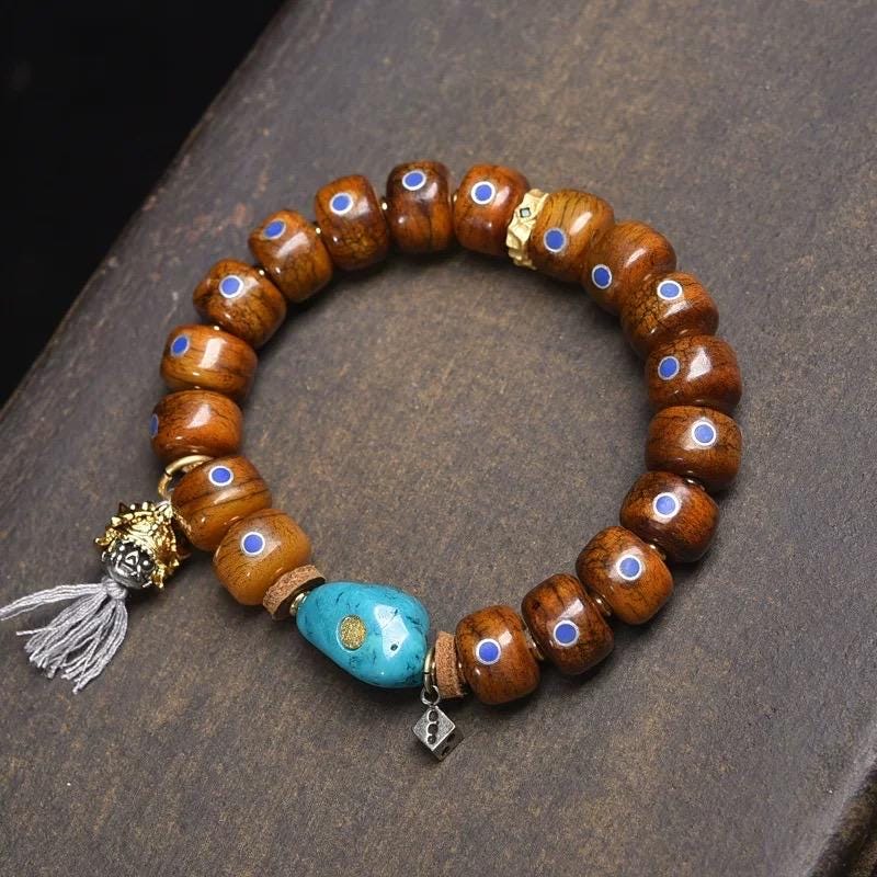 Antique Tibetan Style Bone Bracelet - Lapis Lazuli Inlay - Yak Bone Wrist Mala - Meditation Prayer Beads - Handmade Spiritual Jewelry Gift