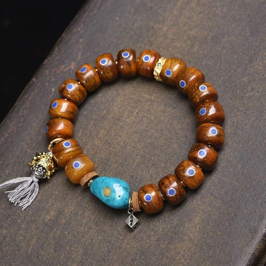 Antique Tibetan Style Bone Bracelet - Lapis Lazuli Inlay - Yak Bone Wrist Mala - Meditation Prayer Beads - Handmade Spiritual Jewelry Gift