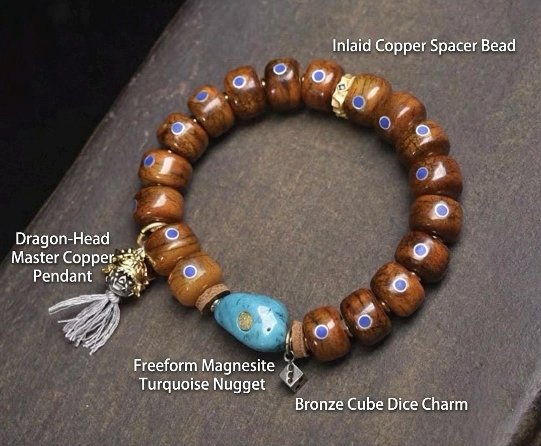 Antique Tibetan Style Bone Bracelet - Lapis Lazuli Inlay - Yak Bone Wrist Mala - Meditation Prayer Beads - Handmade Spiritual Jewelry Gift