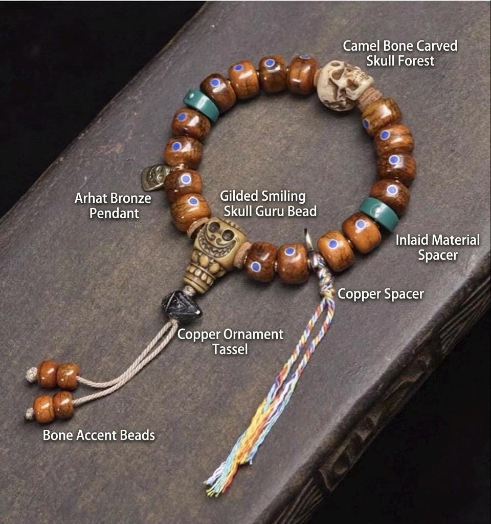 Antique Tibetan Style Bone Bracelet - Lapis Lazuli Inlay - Yak Bone Wrist Mala - Meditation Prayer Beads - Handmade Spiritual Jewelry Gift