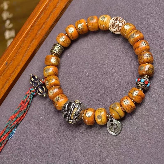 Natural Yak Bone Bracelet with Inlaid Wan Symbol, Tibetan Buddhism Mala Beads Ethnic Prayer Bead Bangle Meditative Zen Jewelry for Men Women