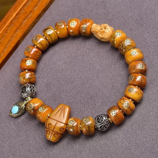 Natural Yak Bone Bracelet with Inlaid Wan Symbol, Tibetan Buddhism Mala Beads Ethnic Prayer Bead Bangle Meditative Zen Jewelry for Men Women