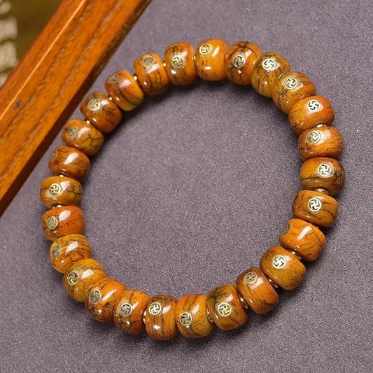 Natural Yak Bone Bracelet with Inlaid Wan Symbol, Tibetan Buddhism Mala Beads Ethnic Prayer Bead Bangle Meditative Zen Jewelry for Men Women