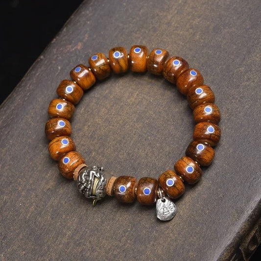 Tibetan Camel Bone Mala Bracelet: Lapis Inlaid Barrel Beads, Vintage Yak Bone Charm, Handmade Buddhist Prayer Beads for Meditation