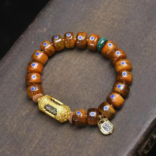 Tibetan Camel Bone Mala Bracelet: Lapis Inlaid Barrel Beads, Vintage Yak Bone Charm, Handmade Buddhist Prayer Beads for Meditation