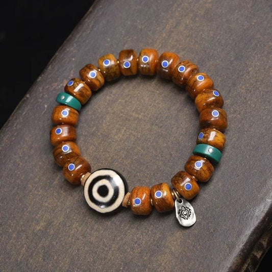 Vintage Tibetan Bone Bracelet, Inlaid Lapis Lazuli Barrel Beads, Buddhist Prayer Mala, Hand-carved Yak Bone Jewelry, Ethnic Meditation Gift