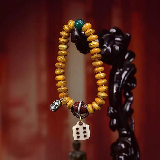 Tibetan Yak Bone Medicine Bead Bracelet, Green Agate Netsuke & Turquoise, Mala Beads, Hand-Carved Prayer Beads, Healing Jewelry, Zen Gift