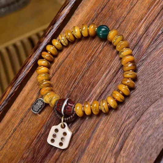 Tibetan Yak Bone Medicine Bead Bracelet, Green Agate Netsuke & Turquoise, Mala Beads, Hand-Carved Prayer Beads, Healing Jewelry, Zen Gift