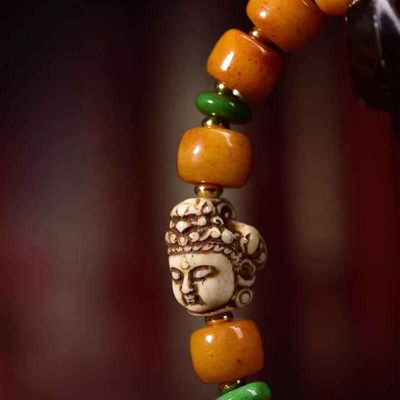 Handmade Tibetan Yak Bone Beads Bracelet, Vintage Mala Barrel Beads Wristband, Retro Tibetan Style Jewelry, Unisex Ethnic Boho Amulet Gift