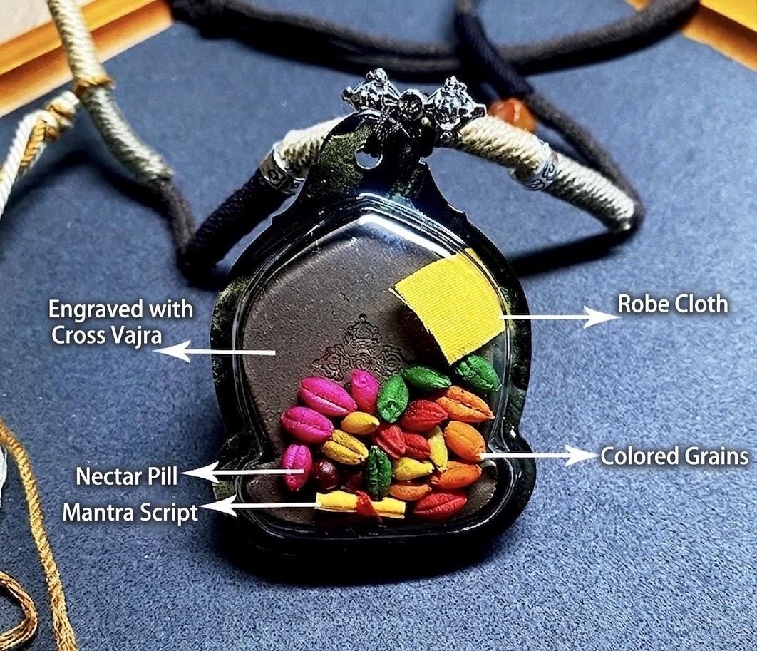 Vajrakilaya Phurba Mixed-Color Clay Tsa Tsa Pendant Necklace - Tibetan Buddhist Gau Box Amulet, Matte Black Spiritual Jewelry, Thangka Art