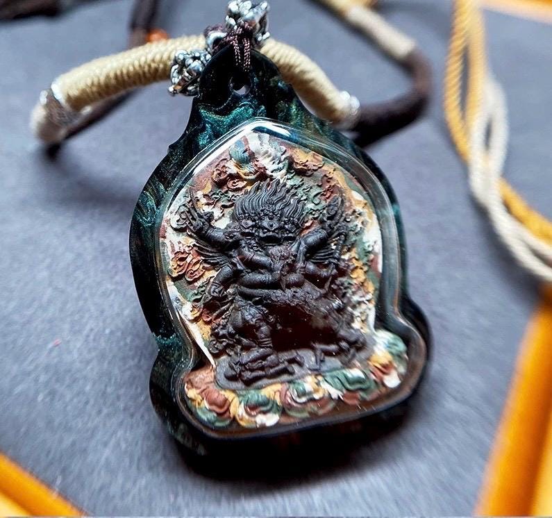 Vajrakilaya Phurba Mixed-Color Clay Tsa Tsa Pendant Necklace - Tibetan Buddhist Gau Box Amulet, Matte Black Spiritual Jewelry, Thangka Art