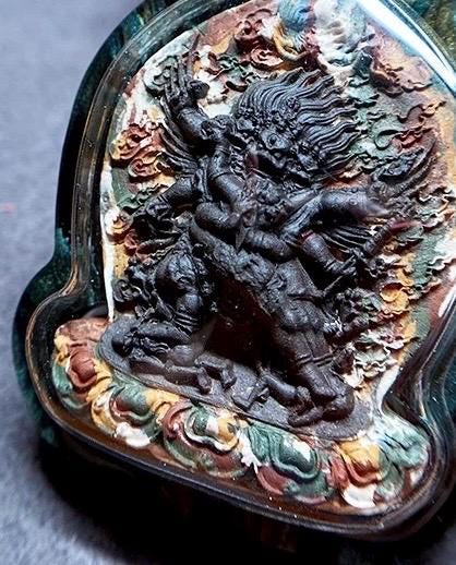 Vajrakilaya Phurba Mixed-Color Clay Tsa Tsa Pendant Necklace - Tibetan Buddhist Gau Box Amulet, Matte Black Spiritual Jewelry, Thangka Art