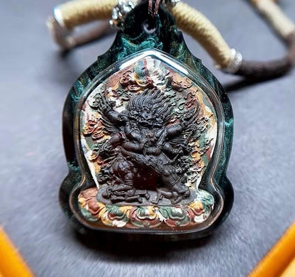 Vajrakilaya Phurba Mixed-Color Clay Tsa Tsa Pendant Necklace - Tibetan Buddhist Gau Box Amulet, Matte Black Spiritual Jewelry, Thangka Art