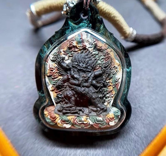 Vajrakilaya Phurba Mixed-Color Clay Tsa Tsa Pendant Necklace - Tibetan Buddhist Gau Box Amulet, Matte Black Spiritual Jewelry, Thangka Art