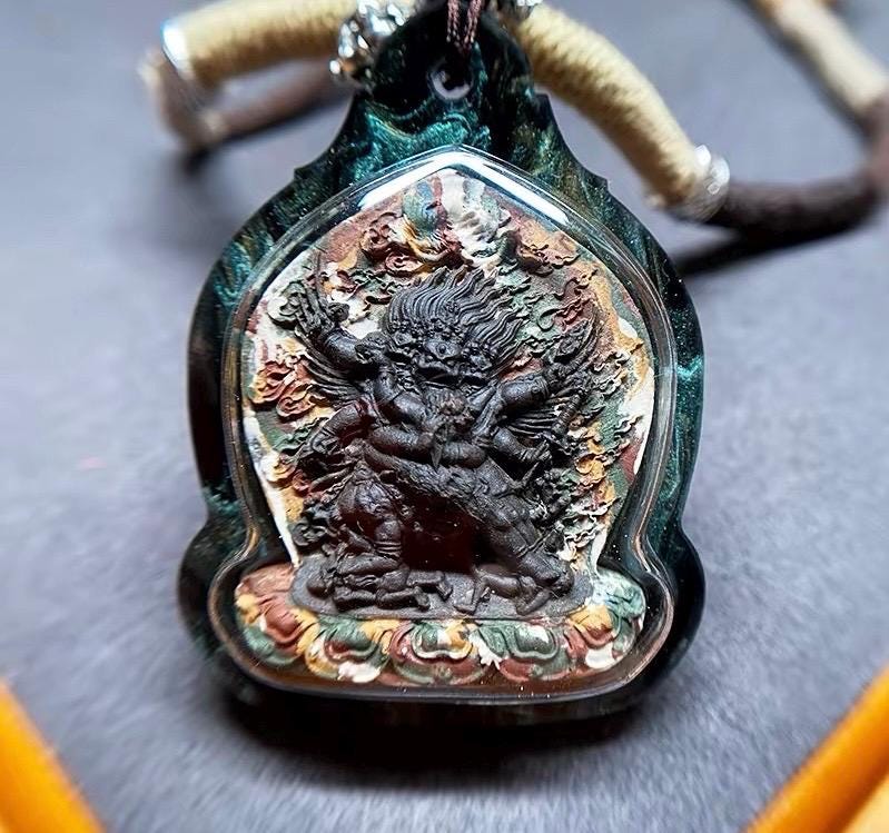 Vajrakilaya Phurba Mixed-Color Clay Tsa Tsa Pendant Necklace - Tibetan Buddhist Gau Box Amulet, Matte Black Spiritual Jewelry, Thangka Art