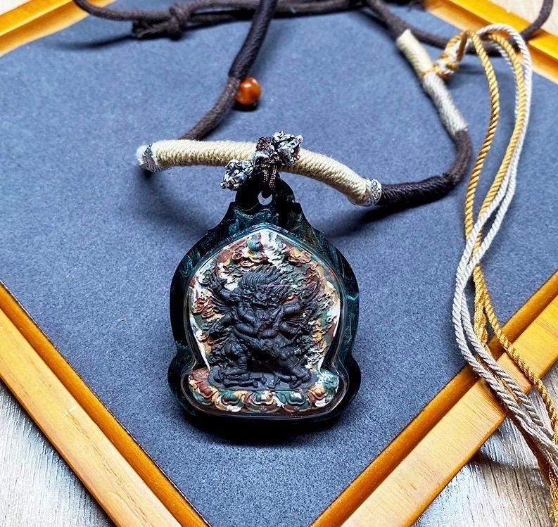 Vajrakilaya Phurba Mixed-Color Clay Tsa Tsa Pendant Necklace - Tibetan Buddhist Gau Box Amulet, Matte Black Spiritual Jewelry, Thangka Art