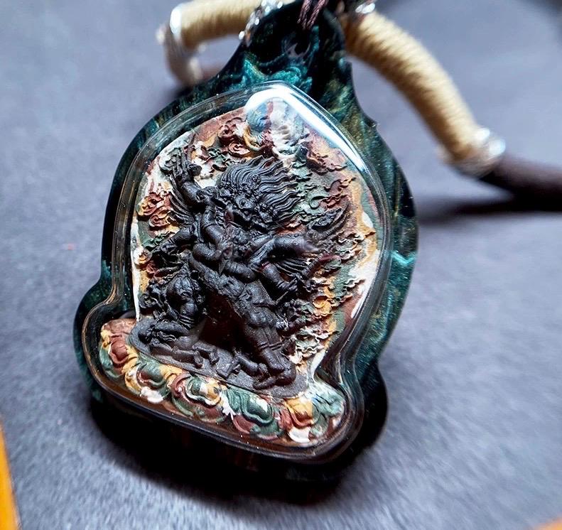 Vajrakilaya Phurba Mixed-Color Clay Tsa Tsa Pendant Necklace - Tibetan Buddhist Gau Box Amulet, Matte Black Spiritual Jewelry, Thangka Art