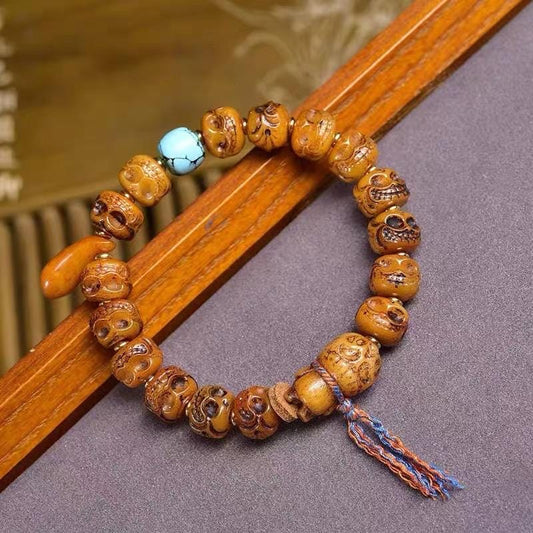 Handmade Tibetan Yak Bone Beads Bracelet, Vintage Mala Barrel Beads Wristband, Retro Tibetan Style Jewelry, Unisex Ethnic Boho Amulet Gift