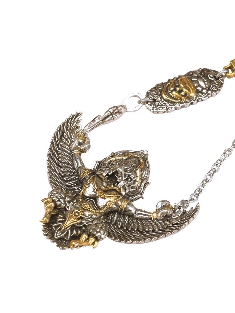 Garuda Pendant Necklace S925 Sterling Silver Plated Copper, Mythical Bird Winged Deity Amulet, Tibetan Buddhist Jewelry Gift for Men Women