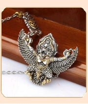 Garuda Pendant Necklace S925 Sterling Silver Plated Copper, Mythical Bird Winged Deity Amulet, Tibetan Buddhist Jewelry Gift for Men Women