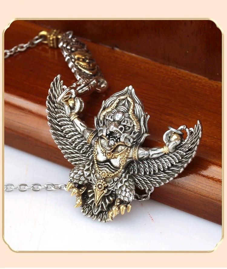 Garuda Pendant Necklace S925 Sterling Silver Plated Copper, Mythical Bird Winged Deity Amulet, Tibetan Buddhist Jewelry Gift for Men Women