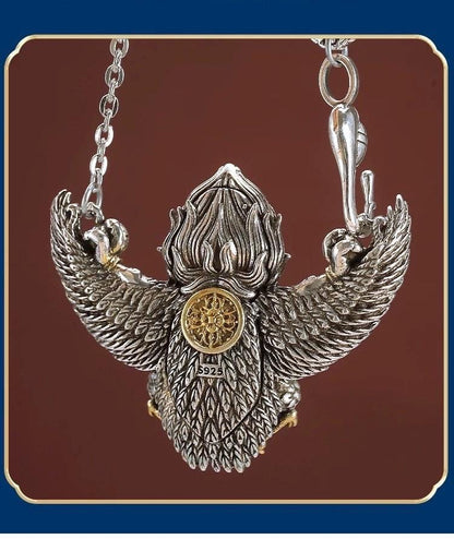 Garuda Pendant Necklace S925 Sterling Silver Plated Copper, Mythical Bird Winged Deity Amulet, Tibetan Buddhist Jewelry Gift for Men Women