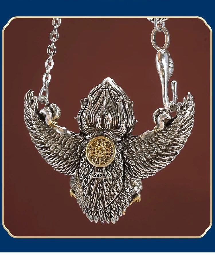 Garuda Pendant Necklace S925 Sterling Silver Plated Copper, Mythical Bird Winged Deity Amulet, Tibetan Buddhist Jewelry Gift for Men Women