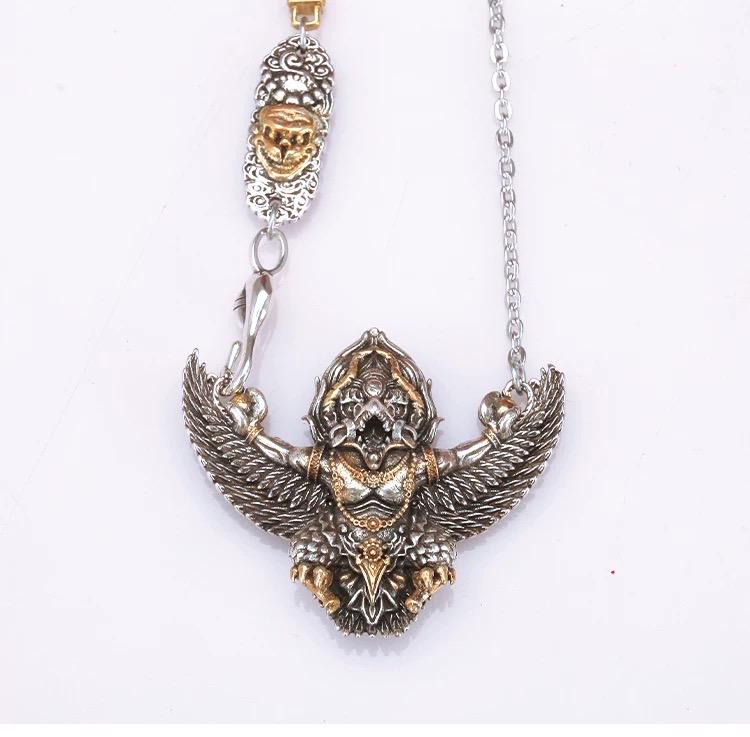 Garuda Pendant Necklace S925 Sterling Silver Plated Copper, Mythical Bird Winged Deity Amulet, Tibetan Buddhist Jewelry Gift for Men Women