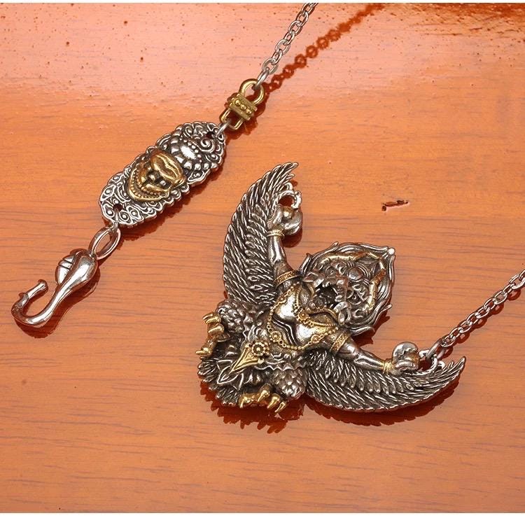Garuda Pendant Necklace S925 Sterling Silver Plated Copper, Mythical Bird Winged Deity Amulet, Tibetan Buddhist Jewelry Gift for Men Women