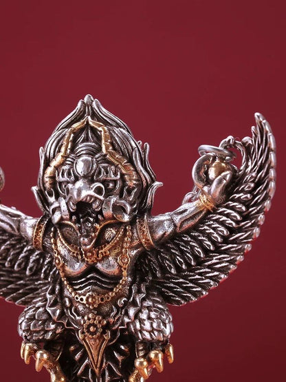 Garuda Pendant Necklace S925 Sterling Silver Plated Copper, Mythical Bird Winged Deity Amulet, Tibetan Buddhist Jewelry Gift for Men Women