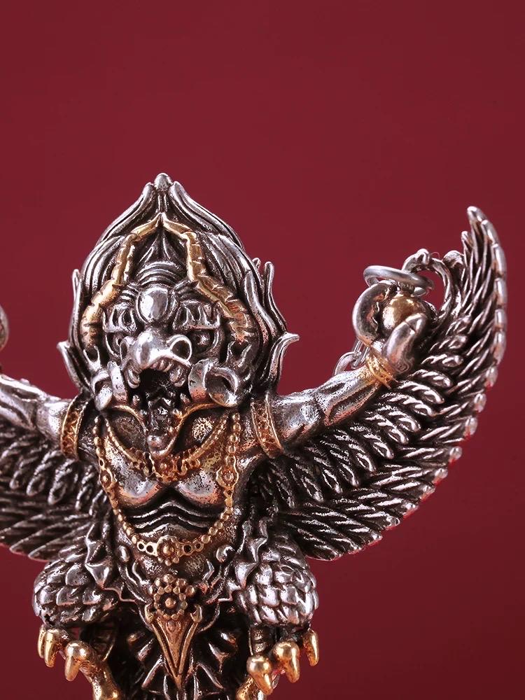 Garuda Pendant Necklace S925 Sterling Silver Plated Copper, Mythical Bird Winged Deity Amulet, Tibetan Buddhist Jewelry Gift for Men Women