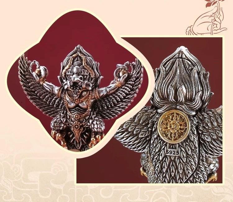 Garuda Pendant Necklace S925 Sterling Silver Plated Copper, Mythical Bird Winged Deity Amulet, Tibetan Buddhist Jewelry Gift for Men Women