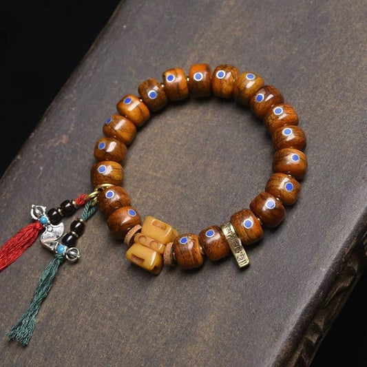 Tibetan Vintage Camel Bone Barrel Bead Bracelet, Inlaid Lapis Lazuli, Yak Bone Mala Prayer Beads, Ethnic Buddhist Meditation Wrist Mala Gift