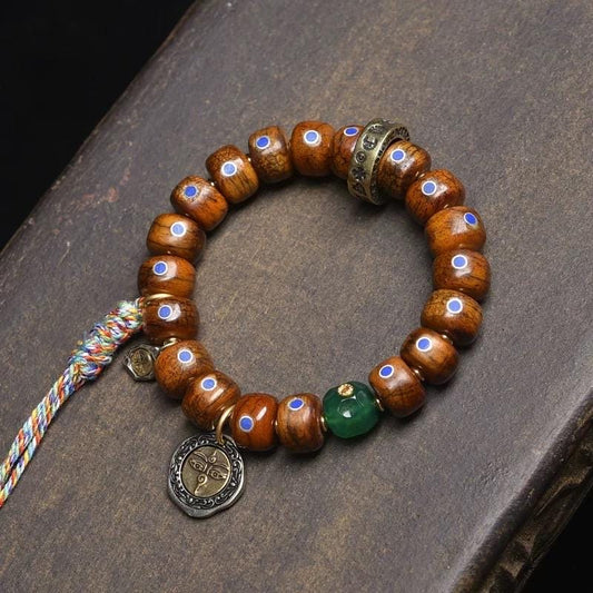 Tibetan Vintage Camel Bone Barrel Bead Bracelet, Inlaid Lapis Lazuli, Yak Bone Mala Prayer Beads, Ethnic Buddhist Meditation Wrist Mala Gift