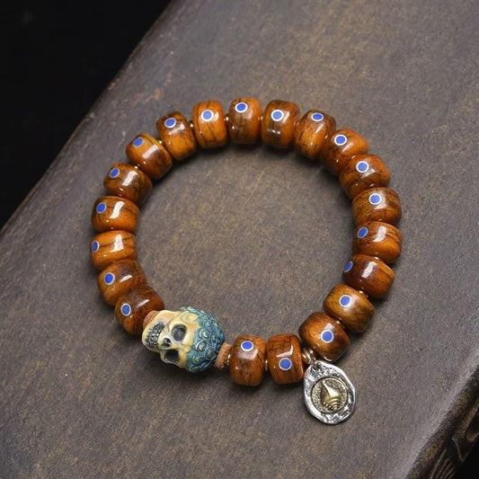 Tibetan Camel Bone Mala Bracelet: Lapis Inlaid Barrel Beads, Vintage Yak Bone Charm, Handmade Buddhist Prayer Beads for Meditation