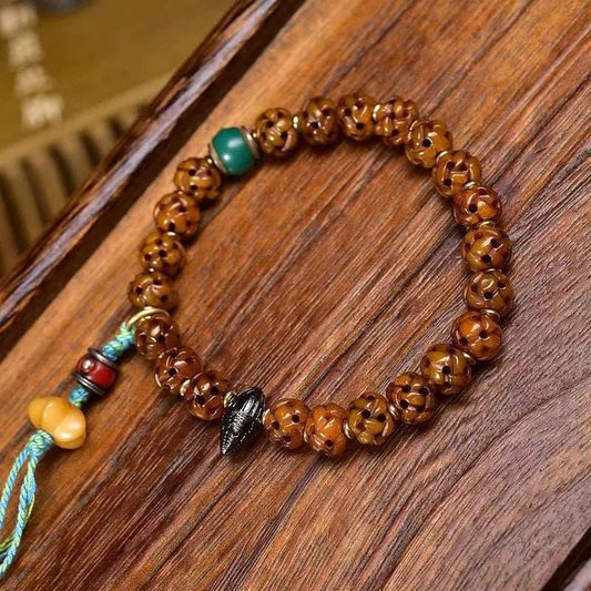 Tibetan Vintage Style Bone Beads Bracelet: Carved Lu Lu Tong Mala, Inlaid Turquoise Ghau Box Pendant, Handmade Buddhist Prayer Beads Gift
