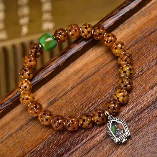Tibetan Vintage Style Bone Beads Bracelet: Carved Lu Lu Tong Mala, Inlaid Turquoise Ghau Box Pendant, Handmade Buddhist Prayer Beads Gift