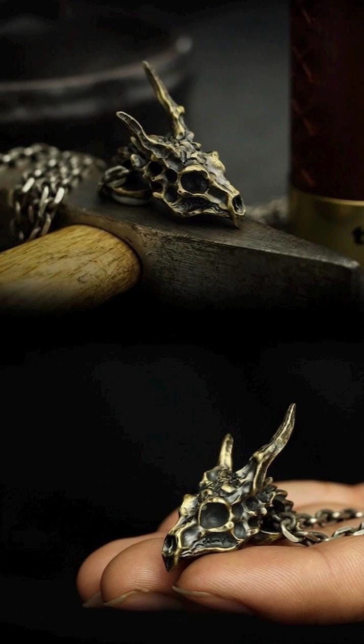 Handmade 925 Sterling Silver Dragon Skull Pendant Necklace, Vintage Brass Gothic Mythical Animal Amulet, Punk Biker Jewelry