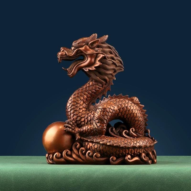 Handmade Pure Copper Dragon Statue - Chinese Bronze Jiao-Long Sculpture, Zen Home Office Decor, Feng Shui Figurine for Wealth & Protection