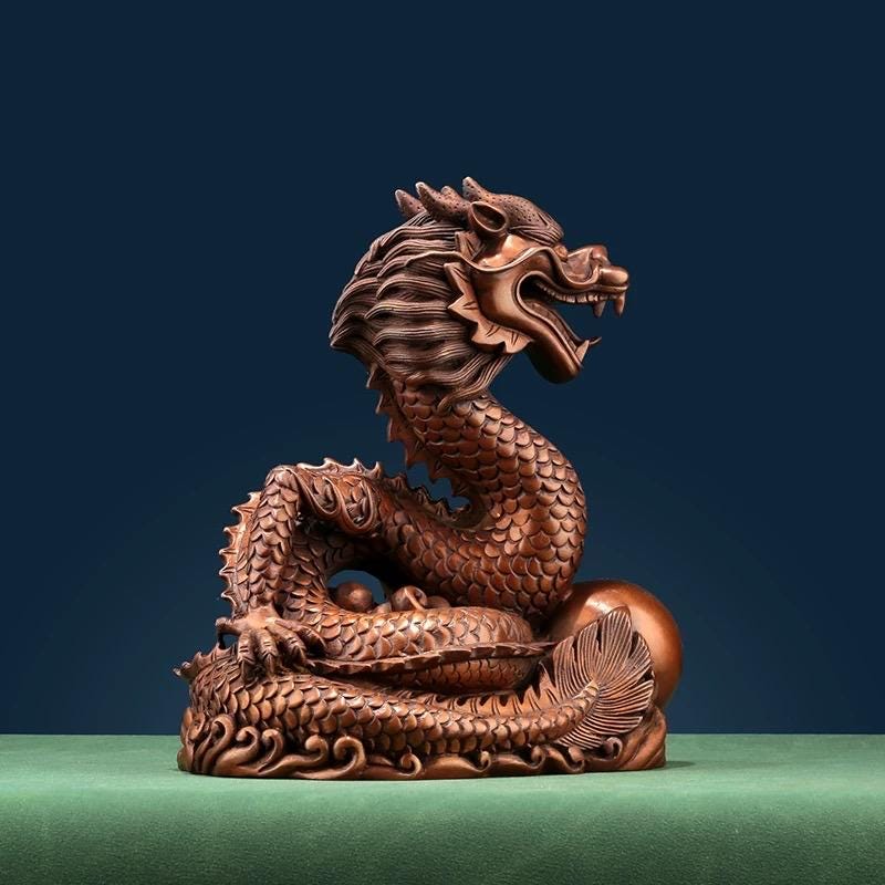 Handmade Pure Copper Dragon Statue - Chinese Bronze Jiao-Long Sculpture, Zen Home Office Decor, Feng Shui Figurine for Wealth & Protection