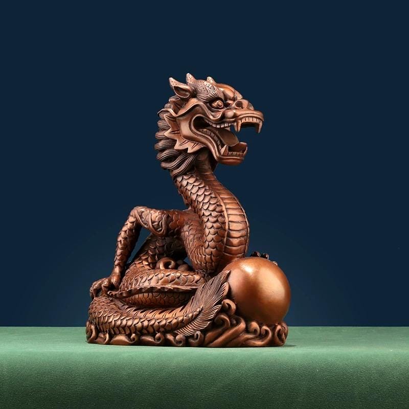 Handmade Pure Copper Dragon Statue - Chinese Bronze Jiao-Long Sculpture, Zen Home Office Decor, Feng Shui Figurine for Wealth & Protection