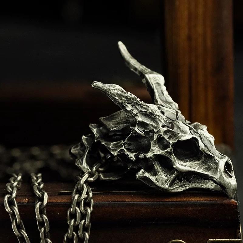 Handmade 925 Sterling Silver Dragon Skull Pendant Necklace, Vintage Brass Gothic Mythical Animal Amulet, Punk Biker Jewelry