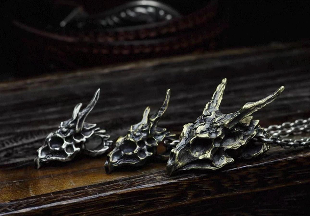 Handmade 925 Sterling Silver Dragon Skull Pendant Necklace, Vintage Brass Gothic Mythical Animal Amulet, Punk Biker Jewelry