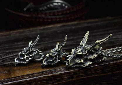 Handmade 925 Sterling Silver Dragon Skull Pendant Necklace, Vintage Brass Gothic Mythical Animal Amulet, Punk Biker Jewelry