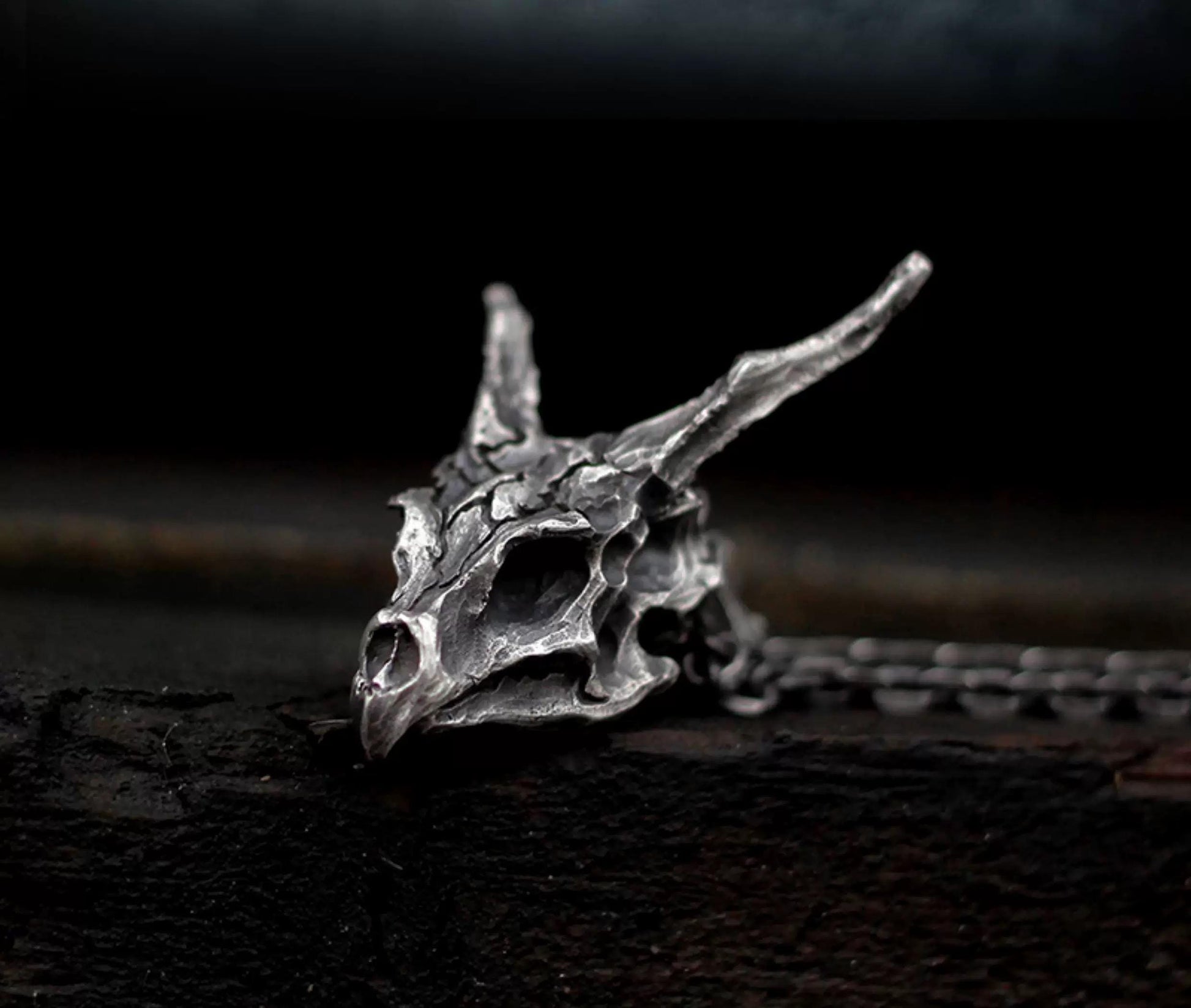 Handmade 925 Sterling Silver Dragon Skull Pendant Necklace, Vintage Brass Gothic Mythical Animal Amulet, Punk Biker Jewelry