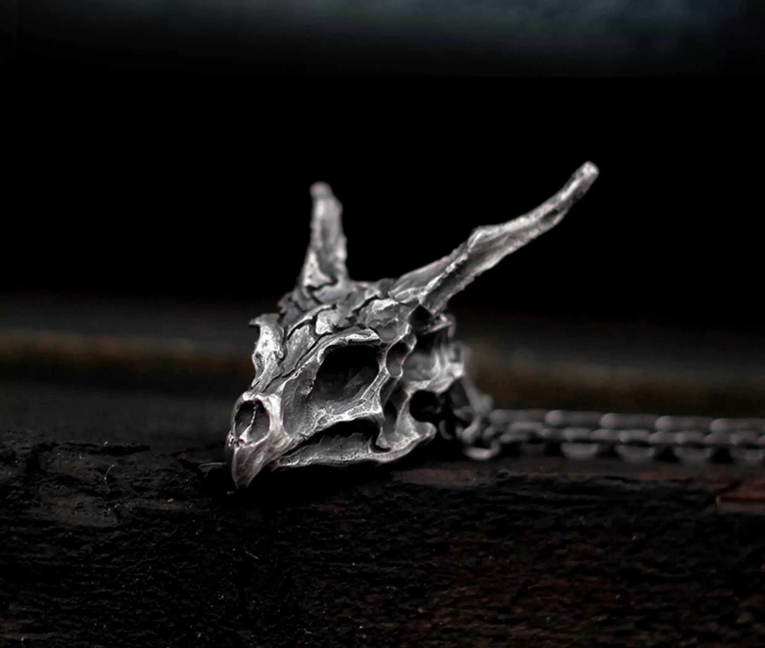 Handmade 925 Sterling Silver Dragon Skull Pendant Necklace, Vintage Brass Gothic Mythical Animal Amulet, Punk Biker Jewelry